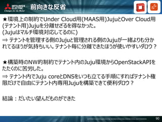 COPYRIGHT © 2016 MITSUBISHI ELECTRIC INFORMATION SYSTEMS CORPORATION ALL RIGHTS RESERVED 90
前向きな反省
★環境上の制約でUnder Cloud用(MAAS用)JujuとOver Cloud用
(テナント用)Jujuを分離せざるを得なかった。
(Jujuはマルチ環境対応してるのに)
⇒ テナントを管理する側のJujuと管理される側のJujuが一緒よりも分か
れてるほうが気持ちいい。テナント毎に分離できたほうが使いやすいダロウ？
★構築時のNW的制約でテナント内のJuju環境からOpenStackAPIを
たたくのに苦労した。
⇒ テナント内でJuju coreとDNSをいつも立てる手順にすればテナント権
限だけで自由にテナント内専用Jujuを構築できて便利ダロウ？
結論：だいたい望んだものができた
 