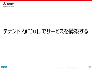 COPYRIGHT © 2016 MITSUBISHI ELECTRIC INFORMATION SYSTEMS CORPORATION ALL RIGHTS RESERVED 9292COPYRIGHT © 2015 MITSUBISHI ELECTRIC INFORMATION SYSTEMS CORPORATION ALL RIGHTS RESERVED
92
テナント内にJujuでサービスを構築する
 
