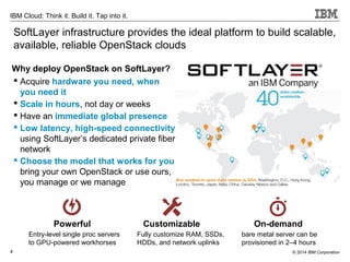 © 2014 IBM Corporation4
IBM Cloud: Think it. Build it. Tap into it.
SoftLayer infrastructure provides the ideal platform to build scalable,
available, reliable OpenStack clouds
 Acquire hardware you need, when
you need it
 Scale in hours, not day or weeks
 Have an immediate global presence
 Low latency, high-speed connectivity
using SoftLayer’s dedicated private fiber
network
 Choose the model that works for you
bring your own OpenStack or use ours,
you manage or we manage
Why deploy OpenStack on SoftLayer?
Powerful Customizable On-demand
Entry-level single proc servers
to GPU-powered workhorses
Fully customize RAM, SSDs,
HDDs, and network uplinks
bare metal server can be
provisioned in 2–4 hours
 