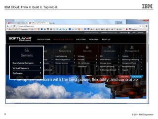 © 2014 IBM Corporation9
IBM Cloud: Think it. Build it. Tap into it.
 