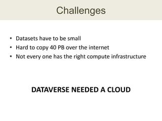 Challenges
• Datasets have to be small
• Hard to copy 40 PB over the internet
• Not every one has the right compute infrastructure
DATAVERSE NEEDED A CLOUD
 