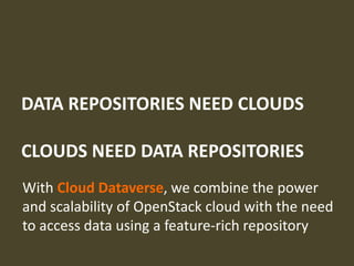 DATA REPOSITORIES NEED CLOUDS
CLOUDS NEED DATA REPOSITORIES
With Cloud Dataverse, we combine the power
and scalability of OpenStack cloud with the need
to access data using a feature-rich repository
 