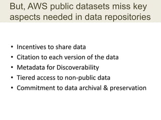 But, AWS public datasets miss key
aspects needed in data repositories
• Incentives to share data
• Citation to each version of the data
• Metadata for Discoverability
• Tiered access to non-public data
• Commitment to data archival & preservation
 