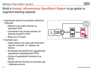 32
IBM Cloud: Think it. Build it. Tap into it.
© 2014 IBM Corporation
Build a hosted, off-premises OpenStack Region to go global or
augment existing capacity
 Seamlessly extend on-premises network to
SoftLayer
– Metered over public internet via
dedicated VPN
– Unmetered over private network via
ethernet handoff in POP
– Bring your IP space
 Example uses
– Highly elastic use cases with short-term
need for compute, i.e. Hadoop via
Sahara
– Workloads that benefit from aggressively
upgrading to latest/greatest CPUs
– Access to specialized hardware (e.g.
GPUs)
– Global web-tier fronting on-premises app
/ database servers
 