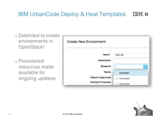 22 © 2014 IBM Corporation
IBM UrbanCode Deploy & Heat Templates!
o Extended to create
environments in
OpenStack!!
!
o Provisioned
resources made
available for
ongoing updates!
 