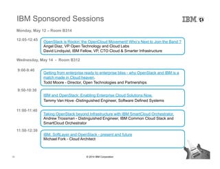 36 © 2014 IBM Corporation
Monday, May 12 – Room B314
12:05-12:45
Wednesday, May 14 - Room B312
9:00-9:40
9:50-10:30
11:00-11:40
11:50-12:30
OpenStack is Rockin’ the OpenCloud Movement! Who‘s Next to Join the Band ?
Angel Diaz, VP Open Technology and Cloud Labs
David Lindquist, IBM Fellow, VP, CTO Cloud & Smarter Infrastructure
Getting from enterprise ready to enterprise bliss - why OpenStack and IBM is a
match made in Cloud heaven.
Todd Moore - Director, Open Technologies and Partnerships
Taking OpenStack beyond Infrastructure with IBM SmartCloud Orchestrator.
Andrew Trossman - Distinguished Engineer, IBM Common Cloud Stack and
SmartCloud Orchestrator
IBM, SoftLayer and OpenStack - present and future
Michael Fork - Cloud Architect
IBM and OpenStack: Enabling Enterprise Cloud Solutions Now.
Tammy Van Hove -Distinguished Engineer, Software Defined Systems
IBM Sponsored Sessions
 