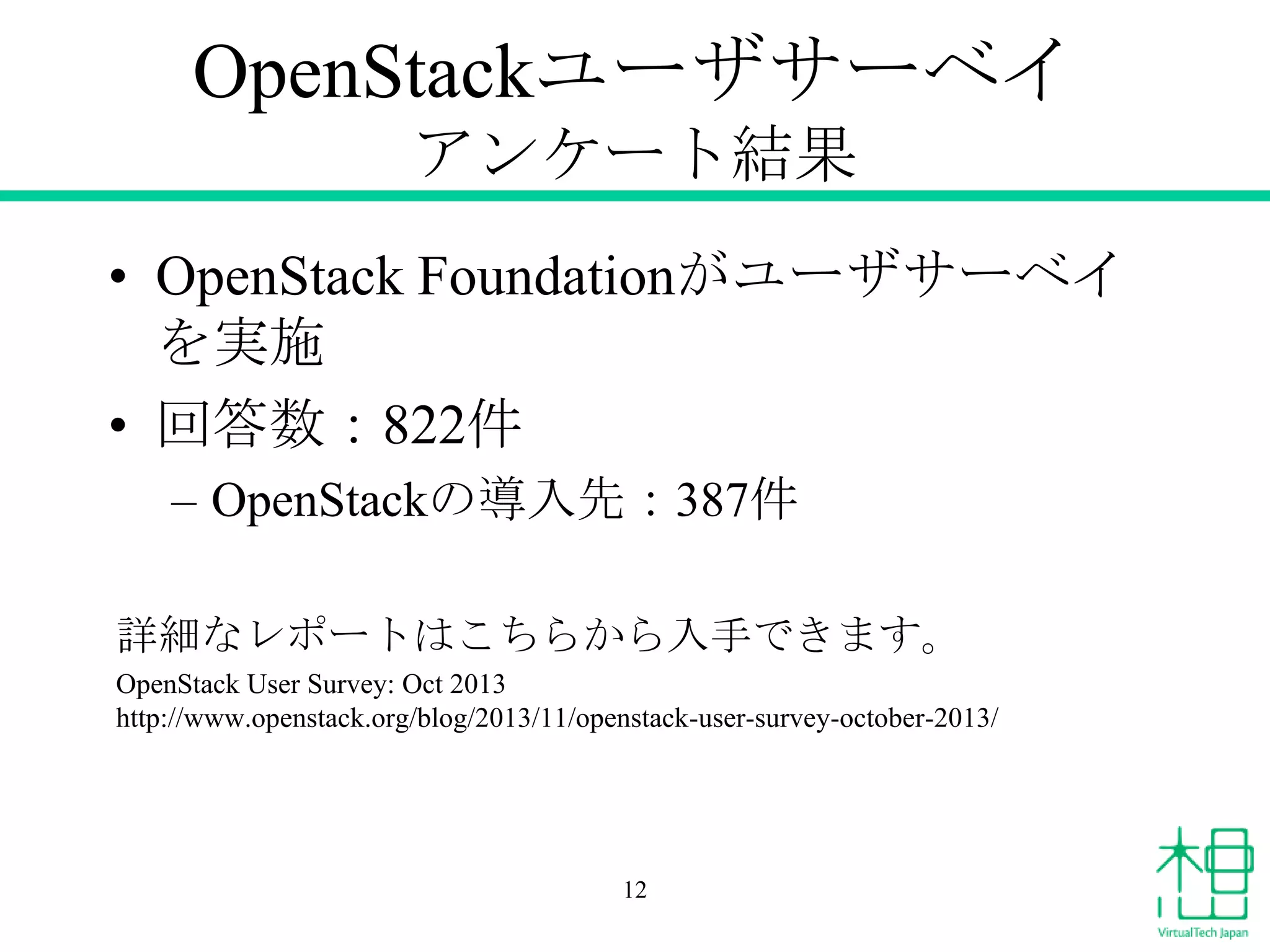 OpenStackユーザサーベイ
アンケート結果
• OpenStack Foundationがユーザサーベイ
を実施
• 回答数：822件
– OpenStackの導入先：387件
詳細なレポートはこちらから入手できます。
OpenStack User Survey: Oct 2013
http://www.openstack.org/blog/2013/11/openstack-user-survey-october-2013/

12

 