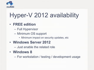 Hyper-V 2012 availability
• FREE edition
– Full Hypervisor
– Minimum OS support
• Minimum impact on security updates, etc
• Windows Server 2012
– Just enable the related role
• Windows 8
– For workstation / testing / development usage
 