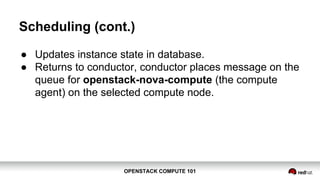 OPENSTACK COMPUTE 101OPENSTACK COMPUTE 101
Scheduling (cont.)
● Updates instance state in database.
● Returns to conductor, conductor places message on the
queue for openstack-nova-compute (the compute
agent) on the selected compute node.
 