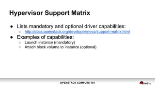 OPENSTACK COMPUTE 101OPENSTACK COMPUTE 101
Hypervisor Support Matrix
● Lists mandatory and optional driver capabilities:
○ http://docs.openstack.org/developer/nova/support-matrix.html
● Examples of capabilities:
○ Launch instance (mandatory)
○ Attach block volume to instance (optional)
 