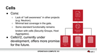 OPENSTACK COMPUTE 101OPENSTACK COMPUTE 101
Cells
● Cons:
○ Lack of “cell awareness” in other projects
(e.g. Neutron).
○ Minimal test coverage in the gate.
○ Some standard functionality remains
broken with cells (Security Groups, Host
Aggregates).
● CellsV2, currently under
development, offers more promise
for the future.
 
