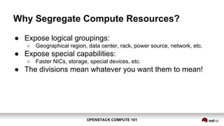 OPENSTACK COMPUTE 101OPENSTACK COMPUTE 101
Why Segregate Compute Resources?
● Expose logical groupings:
○ Geographical region, data center, rack, power source, network, etc.
● Expose special capabilities:
○ Faster NICs, storage, special devices, etc.
● The divisions mean whatever you want them to mean!
 
