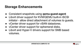 OPENSTACK COMPUTE 101OPENSTACK COMPUTE 101
Storage Enhancements
● Consistent snapshots using qemu-guest-agent
● Libvirt driver support for KVM/QEMU built-in iSCSI
initiator - allow direct attachment of volumes to guests.
● vCenter driver support for vSAN datastores.
● vCenter driver support for ephemeral disks.
● Libvirt and Hyper-V driver support for SMB based
volumes.
 