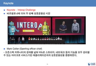 13
Keynote – Interop Challenge
바르셀로나에 이어 두 번째 상호운용성 시연
Mark Collier (Operting officer chief)
- 오픈스택 커뮤니티의 경계를 넓혀 K8s로 스토리지, 네트워크 등의 기능을 모두 관리할
수 있는 마이크로 서비스기반 애플리케이션과의 상호운용성을 증명하였다.
Keynote
 