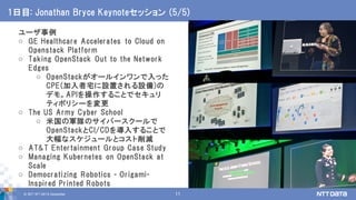 © 2017 NTT DATA Corporation 11
ユーザ事例
o GE Healthcare Accelerates to Cloud on
Openstack Platform
o Taking OpenStack Out to the Network
Edges
o OpenStackがオールインワンで入った
CPE(加入者宅に設置される設備)の
デモ。APIを操作することでセキュリ
ティポリシーを変更
o The US Army Cyber School
o 米国の軍隊のサイバースクールで
OpenStackとCI/CDを導入することで
大幅なスケジュールとコスト削減
o AT&T Entertainment Group Case Study
o Managing Kubernetes on OpenStack at
Scale
o Democratizing Robotics - Origami-
Inspired Printed Robots
1日目: Jonathan Bryce Keynoteセッション (5/5)
 