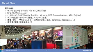 © 2017 NTT DATA Corporation 17
展示内容
o ディトリビュータ(Ubuntu, Red Hat, Mirantis)
o NFVベンダ(Ericsson)
o パブリッククラウド(Ubuntu, Red Hat, Mirantis, NTT Communications, NEC, Fujitsu)
o ベンダ製品(ネットワーク機器, ストレージ装置)
o 構築・リモートマネジメントサービス(Mirantis, NEC, Canonical, Rackspace, ...)
o 周辺系(管理・監視製品など)
Market Place
 
