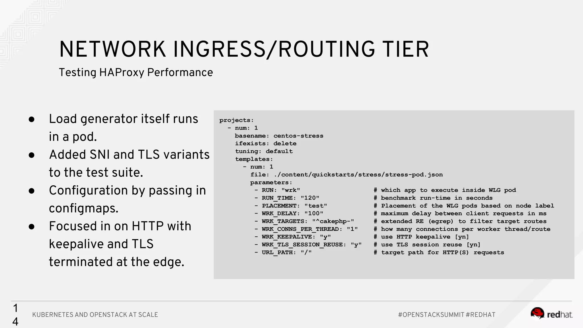 KUBERNETES AND OPENSTACK AT SCALE #OPENSTACKSUMMIT #REDHAT 1 4 NETWORK INGRESS/ROUTING TIER Testing HAProxy Performance ● Load generator itself runs in a pod. ● Added SNI and TLS variants to the test suite. ● Configuration by passing in configmaps. ● Focused in on HTTP with keepalive and TLS terminated at the edge. projects: - num: 1 basename: centos-stress ifexists: delete tuning: default templates: - num: 1 file: ./content/quickstarts/stress/stress-pod.json parameters: - RUN: "wrk" # which app to execute inside WLG pod - RUN_TIME: "120" # benchmark run-time in seconds - PLACEMENT: "test" # Placement of the WLG pods based on node label - WRK_DELAY: "100" # maximum delay between client requests in ms - WRK_TARGETS: "^cakephp-" # extended RE (egrep) to filter target routes - WRK_CONNS_PER_THREAD: "1" # how many connections per worker thread/route - WRK_KEEPALIVE: "y" # use HTTP keepalive [yn] - WRK_TLS_SESSION_REUSE: "y" # use TLS session reuse [yn] - URL_PATH: "/" # target path for HTTP(S) requests 