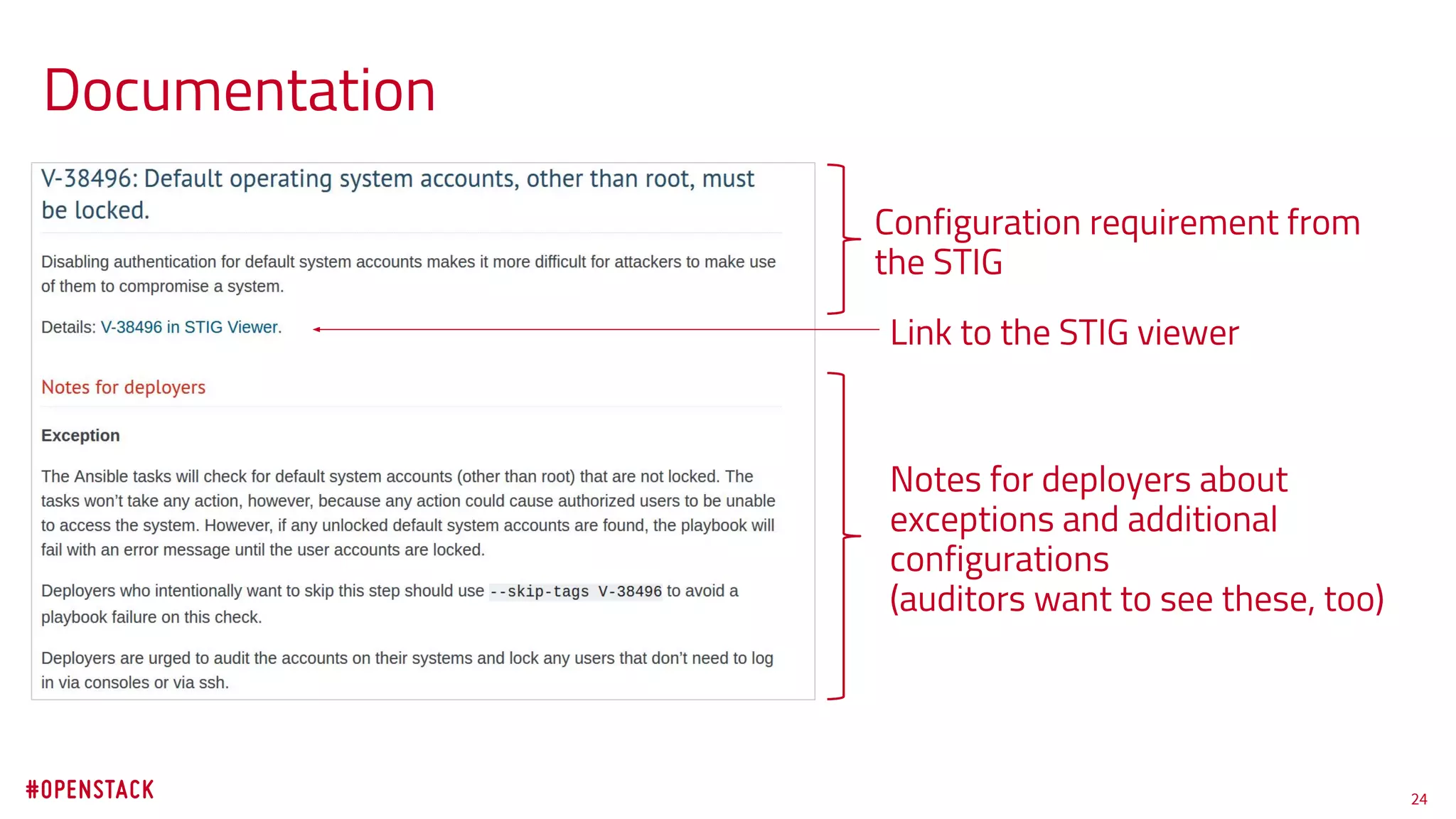 24
Documentation
Configuration requirement from
the STIG
Link to the STIG viewer
Notes for deployers about
exceptions and additional
configurations
(auditors want to see these, too)
 