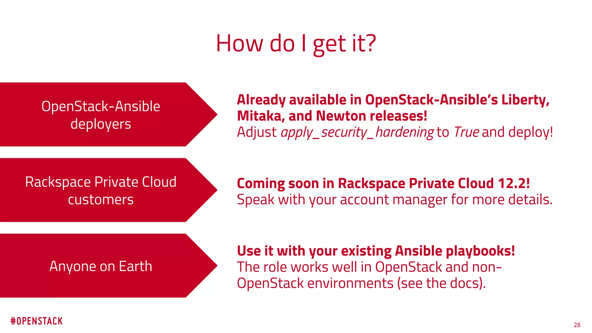 28
How do I get it?
OpenStack-Ansible
deployers
Rackspace Private Cloud
customers
Anyone on Earth
Already available in OpenStack-Ansible’s Liberty,
Mitaka, and Newton releases!
Adjust apply_security_hardening to True and deploy!
Coming soon in Rackspace Private Cloud 12.2!
Speak with your account manager for more details.
Use it with your existing Ansible playbooks!
The role works well in OpenStack and non-
OpenStack environments (see the docs).
 