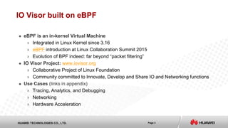 Page 3HUAWEI TECHNOLOGIES CO., LTD.
IO Visor built on eBPF
 eBPF is an in-kernel Virtual Machine
› Integrated in Linux Ke...