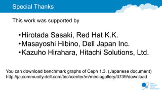 Special Thanks
•Hirotada Sasaki, Red Hat K.K.
•Masayoshi Hibino, Dell Japan Inc.
•Kazuho Hirahara, Hitachi Solutions, Ltd.
You can download benchmark graphs of Ceph 1.3. (Japanese document)
http://ja.community.dell.com/techcenter/m/mediagallery/3739/download
 