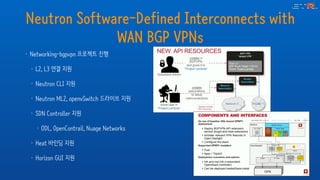 Neutron Software-Defined Interconnects with
WAN BGP VPNs
• Networking-bgpvpn 프로젝트 진행
• L2, L3 연결 지원
• Neutron CLI 지원
• Neutron ML2, openvSwitch 드라이브 지원
• SDN Controller 지원
• ODL, OpenContrail, Nuage Networks
• Heat 바인딩 지원
• Horizon GUI 지원
 