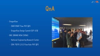 QnA
• Dragonflow
• SNAT/DNAT Flow 처리 질의
• Dragonflow Design Summit 참가 요청
• BNC (BRAND NEW CHINA)
• National Engineering Research Center
• SDN 기반의 L2/L3 Flow Rule 처리 질의
 