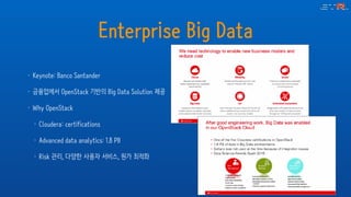 Enterprise Big Data
• Keynote: Banco Santander
• 금융업에서 OpenStack 기반의 Big Data Solution 제공
• Why OpenStack
• Cloudera: certifications
• Advanced data analytics: 1.8 PB
• Risk 관리, 다양한 사용자 서비스, 원가 최적화
 