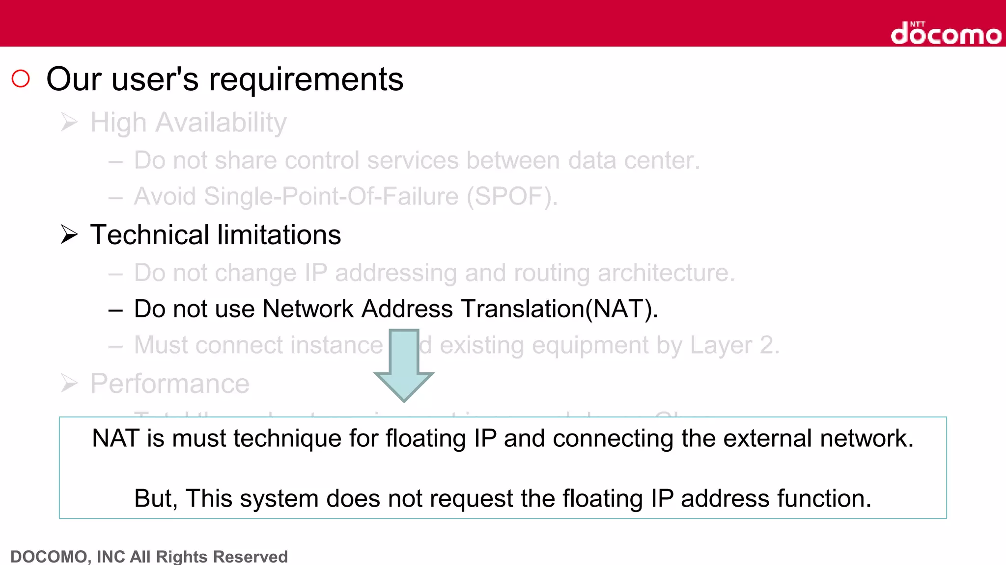 DOCOMO, INC All Rights Reserved
○ Our user's requirements
 High Availability
– Do not share control services between data center.
– Avoid Single-Point-Of-Failure (SPOF).
 Technical limitations
– Do not change IP addressing and routing architecture.
– Do not use Network Address Translation(NAT).
– Must connect instance and existing equipment by Layer 2.
 Performance
– Total throughput requirement is several dozen Gbps.
– Average packet size is smaller than general private clouds.
– Several hundred VLAN must connect.
NAT is must technique for floating IP and connecting the external network.
But, This system does not request the floating IP address function.
 