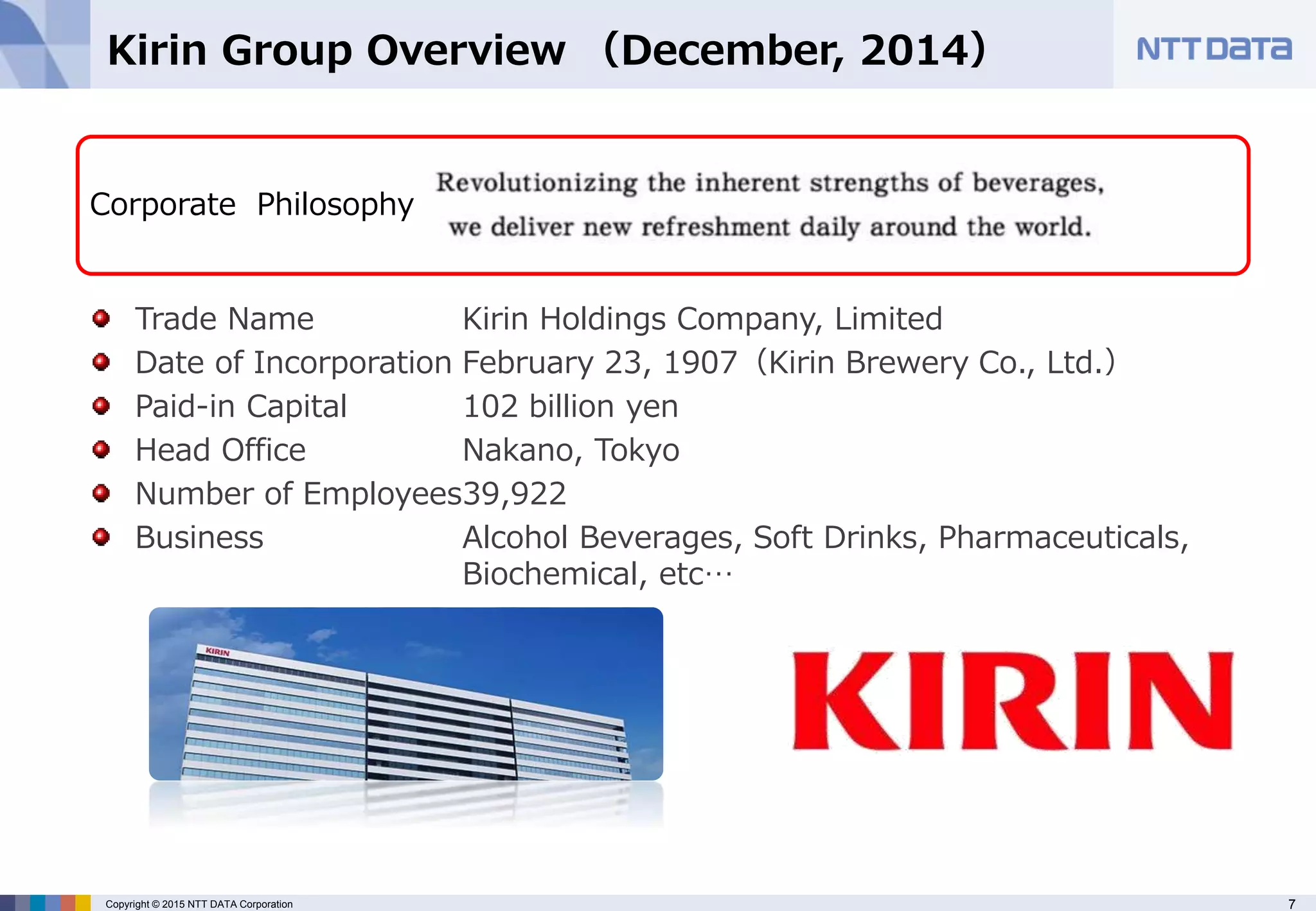 7Copyright © 2015 NTT DATA Corporation
Kirin Group Overview （December, 2014）
Trade Name
Date of Incorporation
Paid-in Capital
Head Office
Number of Employees
Business
Kirin Holdings Company, Limited
February 23, 1907（Kirin Brewery Co., Ltd.）
102 billion yen
Nakano, Tokyo
39,922
Alcohol Beverages, Soft Drinks, Pharmaceuticals,
Biochemical, etc…
Corporate Philosophy
 