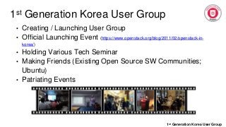 1st Generation Korea User Group
1st Generation Korea User Group
• Creating / Launching User Group
• Official Launching Event (https://www.openstack.org/blog/2011/02/openstack-in-
korea/)
• Holding Various Tech Seminar
• Making Friends (Existing Open Source SW Communities;
Ubuntu)
• Patriating Events
 