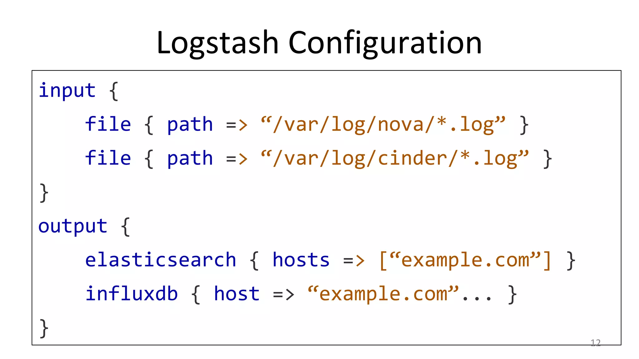 Logstash Configuration
input {
file { path => “/var/log/nova/*.log” }
file { path => “/var/log/cinder/*.log” }
}
output {
elasticsearch { hosts => [“example.com”] }
influxdb { host => “example.com”... }
}
12
 