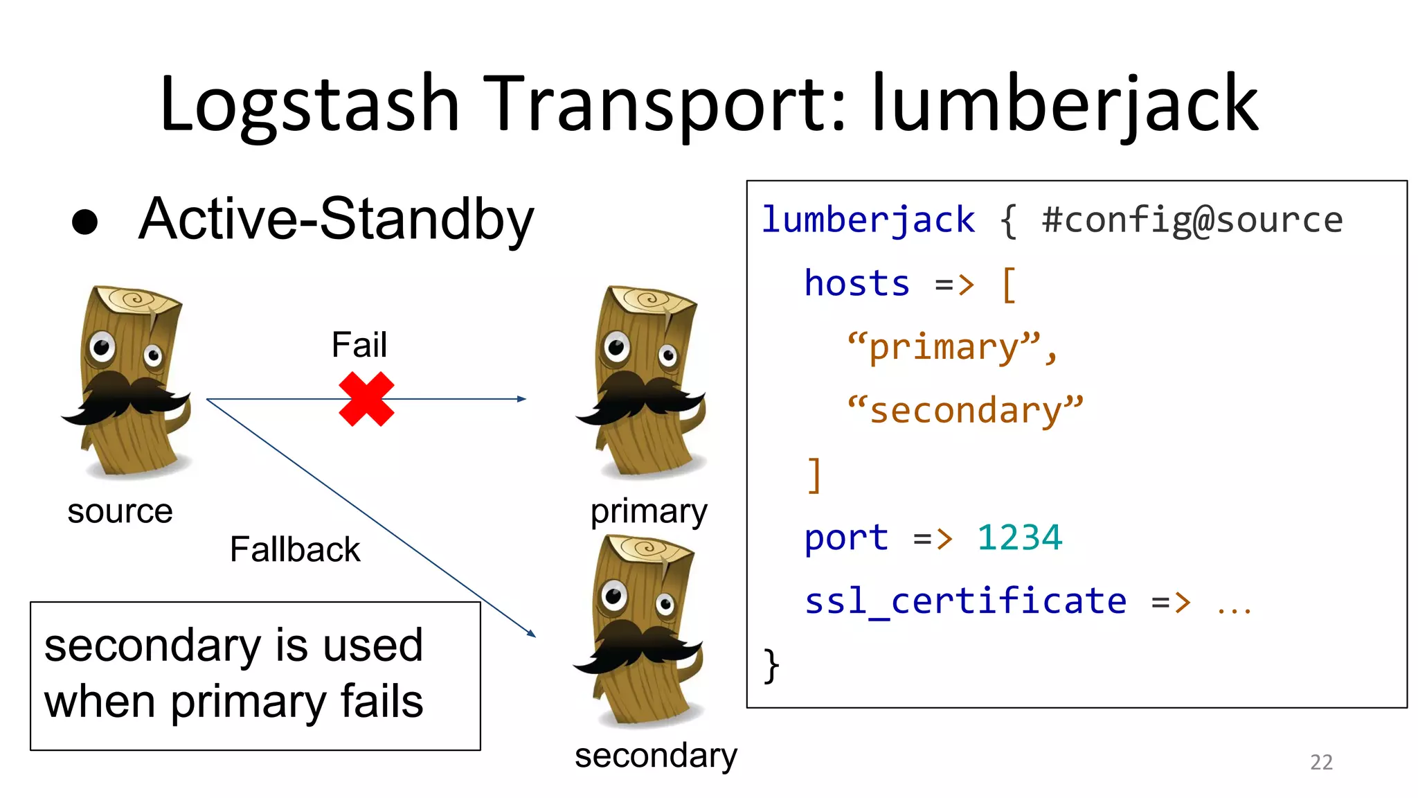 Logstash Transport: lumberjack
● Active-Standby lumberjack { #config@source
hosts => [
“primary”,
“secondary”
]
port => 1234
ssl_certificate => …
}
primary
secondary
source
secondary is used
when primary fails
Fail
Fallback
22
 
