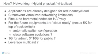 ● Applications are already designed for redundancy/cloud
● Circumvent virtualized networking limitations
● Fine-tune baremetal nodes for HAProxy
● For the future equipments are “cloud ready” (nexus 5K for
top of rack switch)
○ automatic switch configuration
○ cisco software evolutions ?
● 1G for admin, X*10G for public ?
● Leverage multicast ?
How? Networking - Hybrid physical / virtualized
 