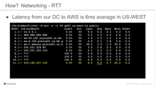 How? Networking - RTT
● Latency from our DC to AWS is 6ms average in US-WEST
rtb-bidder01(rtb):~$ mtr -r -c 50 gw01.us-west-1a.public
HOST: rtb-bidder01 Loss% Snt Last Avg Best Wrst StDev
1.|-- 10.0.4.1 0.0% 50 0.2 0.2 0.1 0.3 0.0
2.|-- XXX.XXX.XXX.XXX 0.0% 50 0.2 0.3 0.2 2.6 0.3
3.|-- ae-43.r02.snjsca04.us.bb. 0.0% 50 1.4 1.5 1.2 2.3 0.2
4.|-- ae-4.r06.plalca01.us.bb.g 0.0% 50 2.0 2.1 1.8 3.4 0.3
5.|-- ae-1.amazon.plalca01.us.b 0.0% 50 39.2 3.5 1.5 39.2 5.6
6.|-- 205.251.229.40 0.0% 50 3.5 2.8 2.2 4.9 0.6
7.|-- 205.251.230.120 0.0% 50 2.1 2.3 2.0 8.5 0.9
8.|-- ??? 100.0 50 0.0 0.0 0.0 0.0 0.0
9.|-- ??? 100.0 50 0.0 0.0 0.0 0.0 0.0
10.|-- ??? 100.0 50 0.0 0.0 0.0 0.0 0.0
11.|-- 216.182.237.133 0.0% 50 4.0 6.0 2.7 20.2 5.2
 