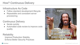 Infrastructure As Code
● Follow standard development lifecycle
● Repeatable and consistent server
provisioning
Continuous Delivery
● Iterate quickly
● Automated code review to improve code
quality
Reliability
Improve Production Stability
Enforce Better Security Practices
How? Continuous Delivery
 