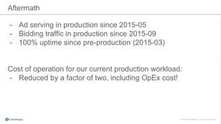 - Ad serving in production since 2015-05
- Bidding traffic in production since 2015-09
- 100% uptime since pre-production (2015-03)
Cost of operation for our current production workload:
- Reduced by a factor of two, including OpEx cost!
Aftermath
 
