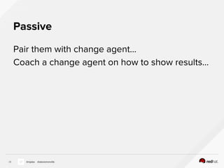 Passive
Pair them with change agent…
Coach a change agent on how to show results...
38 @nijaba @alexismonville
 