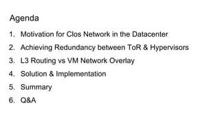 Agenda
1. Motivation for Clos Network in the Datacenter
2. Achieving Redundancy between ToR & Hypervisors
3. L3 Routing vs VM Network Overlay
4. Solution & Implementation
5. Summary
6. Q&A
 