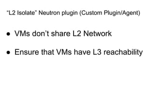 “L2 Isolate” Neutron plugin (Custom Plugin/Agent)
● VMs don’t share L2 Network
● Ensure that VMs have L3 reachability
 