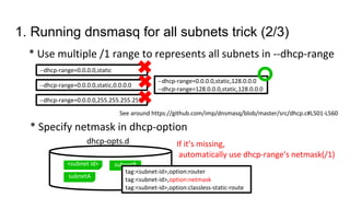 * Use multiple /1 range to represents all subnets in --dhcp-range
--dhcp-range=0.0.0.0,static
--dhcp-range=0.0.0.0,static,0.0.0.0
--dhcp-range=0.0.0.0,255.255.255.255
See around https://github.com/imp/dnsmasq/blob/master/src/dhcp.c#L501-L560
--dhcp-range=0.0.0.0,static,128.0.0.0
--dhcp-range=128.0.0.0,static,128.0.0.0
* Specify netmask in dhcp-option
dhcp-opts.d
<subnet id>
subnetA
subnetB
tag:<subnet-id>,option:router
tag:<subnet-id>,option:netmask
tag:<subnet-id>,option:classless-static-route
If it’s missing,
automatically use dhcp-range’s netmask(/1)
1. Running dnsmasq for all subnets trick (2/3)
 