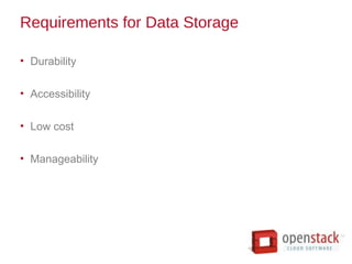 Requirements for Data Storage
• Durability
• Accessibility
• Low cost
• Manageability
 