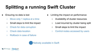 Splitting a running Swift Cluster 
● Ensuring no data is lost 
○ Move only 1 replica at a time 
○ Small steps to limit the impact 
○ Check for data corruption 
○ Check data location 
○ Rollback in case of failure 
● Limiting the impact on performance 
○ Availability of cluster resources 
○ Load incurred by cluster being split 
○ Small steps to limit the impact 
○ Control nodes accessed by users 
Natively available in Swift 
 