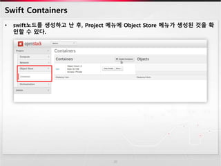 Swift Containers
• swift노드를 생성하고 난 후, Project 메뉴에 Object Store 메뉴가 생성된 것을 확
인할 수 있다.
20
 