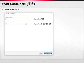 Swift Containers (계속)
• Container 생성
21
Container 이름
Container에 접근범위 설정
 