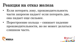 Реакция на отказ железа 
• Если потерять зону, производительность 
части запросов падает; если потерять две, 
она падает еще сильнее. 
• Перестроение кольца – снижает падение 
производительности, но не может делаться 
слишком часто. 
 