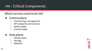 HA - Critical Components
Which services need to be HA?
● Control plane
○ Provisioning, management
○ API endpoints and services
○ Admin nodes
○ Control nodes
● Data plane
○ Steady states
○ Storage
○ Network
18
 