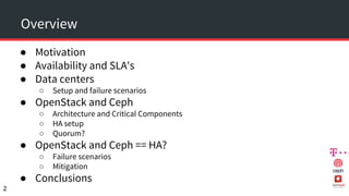 ● Motivation
● Availability and SLA's
● Data centers
○ Setup and failure scenarios
● OpenStack and Ceph
○ Architecture and Critical Components
○ HA setup
○ Quorum?
● OpenStack and Ceph == HA?
○ Failure scenarios
○ Mitigation
● Conclusions
Overview
2
 