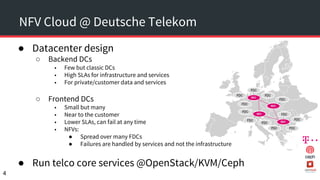 NFV Cloud @ Deutsche Telekom
● Datacenter design
○ Backend DCs
■ Few but classic DCs
■ High SLAs for infrastructure and services
■ For private/customer data and services
○ Frontend DCs
■ Small but many
■ Near to the customer
■ Lower SLAs, can fail at any time
■ NFVs:
● Spread over many FDCs
● Failures are handled by services and not the infrastructure
● Run telco core services @OpenStack/KVM/Ceph
4
 