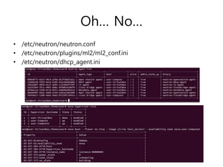 Oh… No…
• /etc/neutron/neutron.conf
• /etc/neutron/plugins/ml2/ml2_conf.ini
• /etc/neutron/dhcp_agent.ini
 